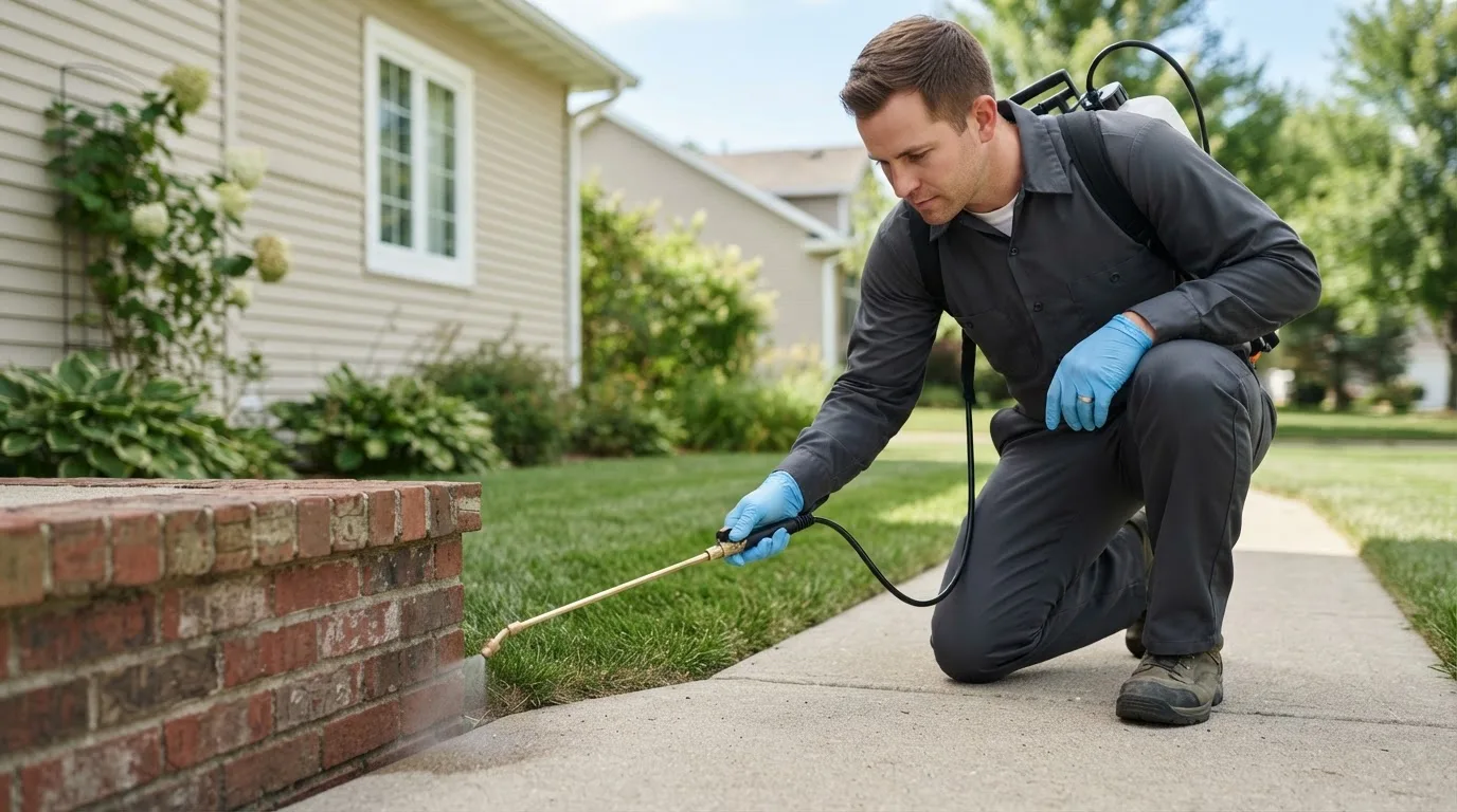 Pest control technician treating a home near Weesatche, TX