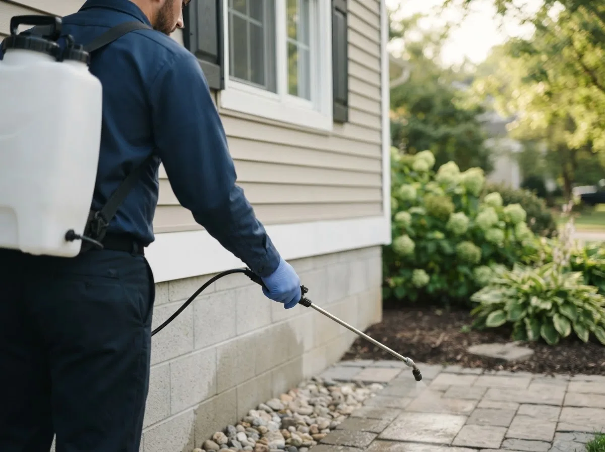 Pest control technician inspecting a home in Weesatche, TX